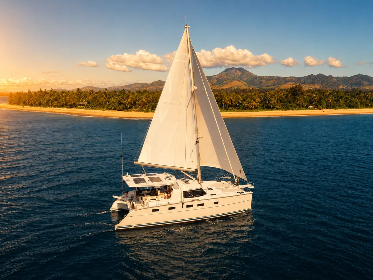 Antares 44 sailing along a tropical coastline at golden hour