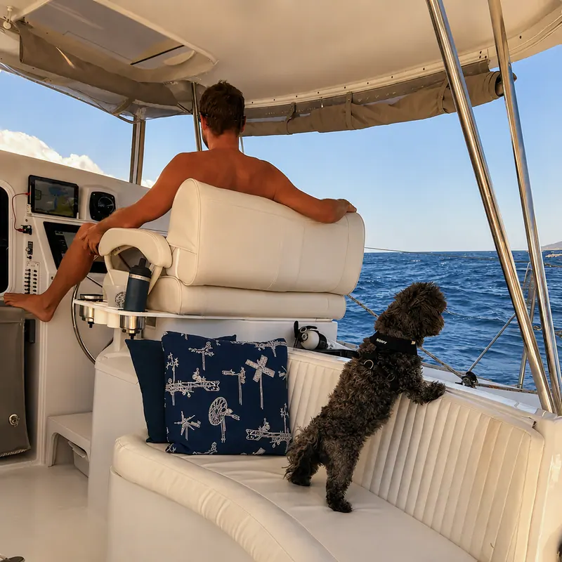 Protected Antares cockpit helm with watchkeeper and dog underway offshore